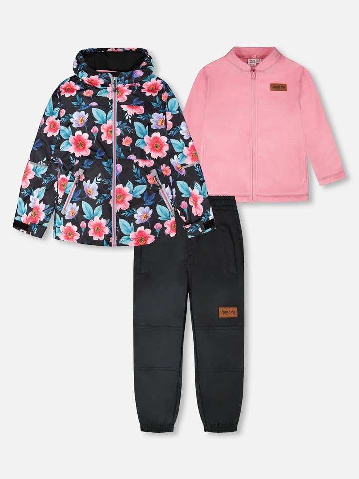 Set di abbigliamento esterno a due pezzi 3 in 1 di mezza stagione con fiori stampati neri - Giacca interna rosa per la vendita all'ingrosso da parte di Deux par Deux