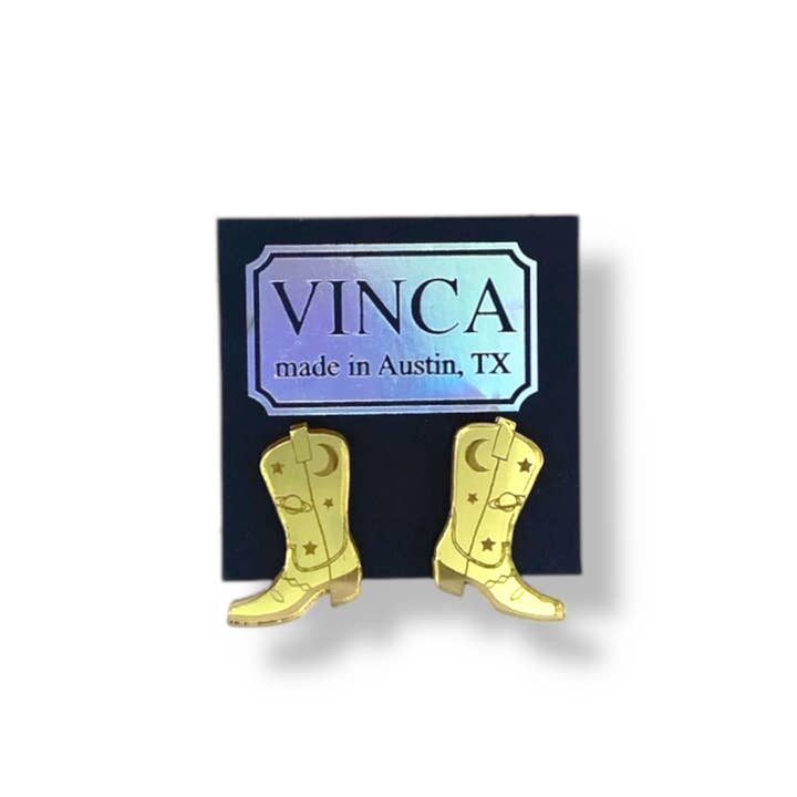Vinca - Venta al por mayor Pendientes de botón/aretes de poste - Pendientes de Botas de Vaquero Espaciales - Oro Espejo