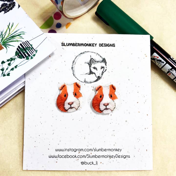 Guinea Pig Studs, Illustrated Shrink Plastic Stud EarrI go. for wholesale by Slumbermonkey Designs