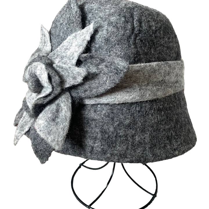 Pomegranate Moon - Wholesale Cloche Hat - Women's - Gray Hat with Gray Belt and Flower2