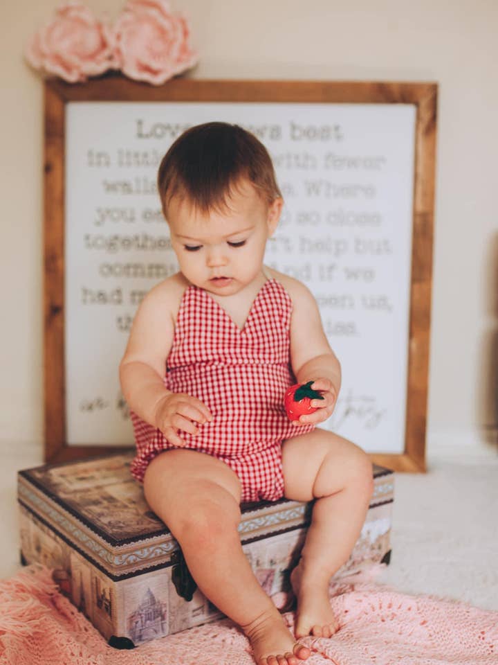 Red Gingham Romper for wholesale by The Baby Bird Boutique