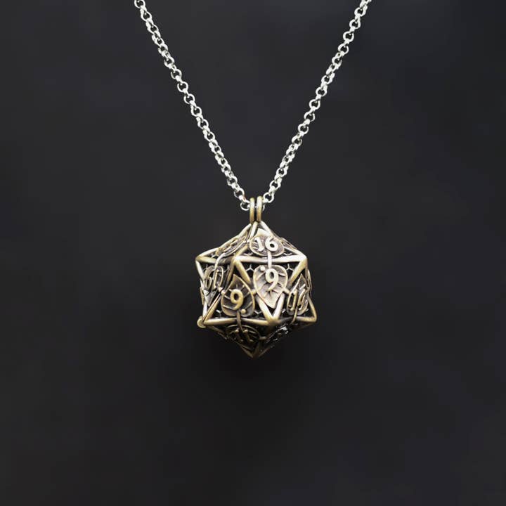 Tabletop Dominion Limited – wholesale Pendant/charm necklace – Leaflock | Ancient Gold D20 Pendant Necklace with Mini Metal Dice2