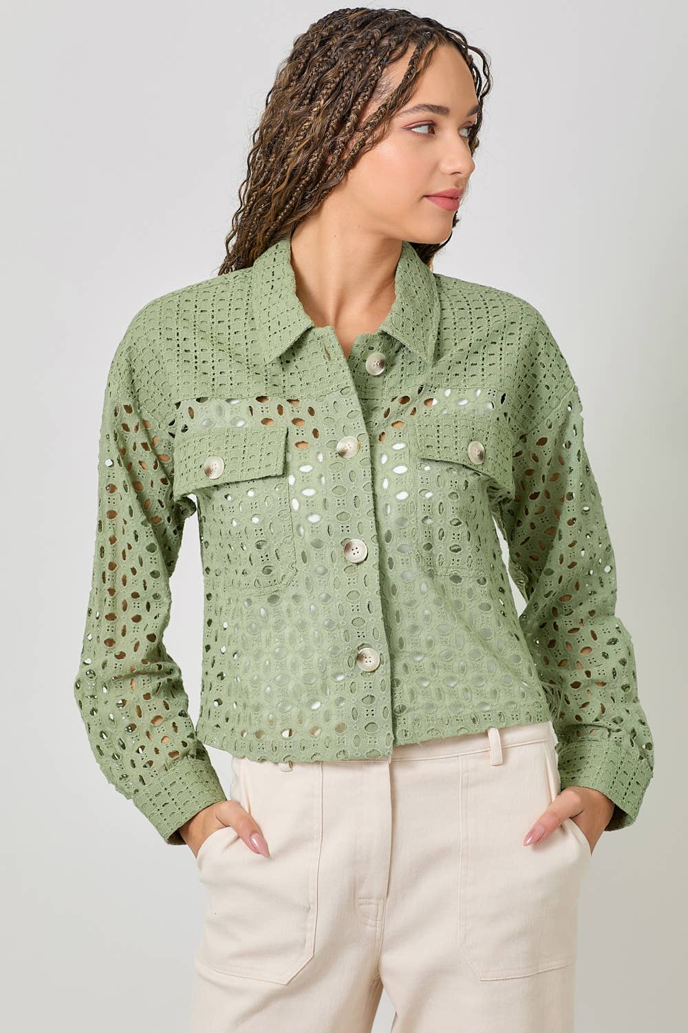 Mystree - Wholesale Jacket - Women's - 61096 Button Down Mixed Eyelet Jacket 10