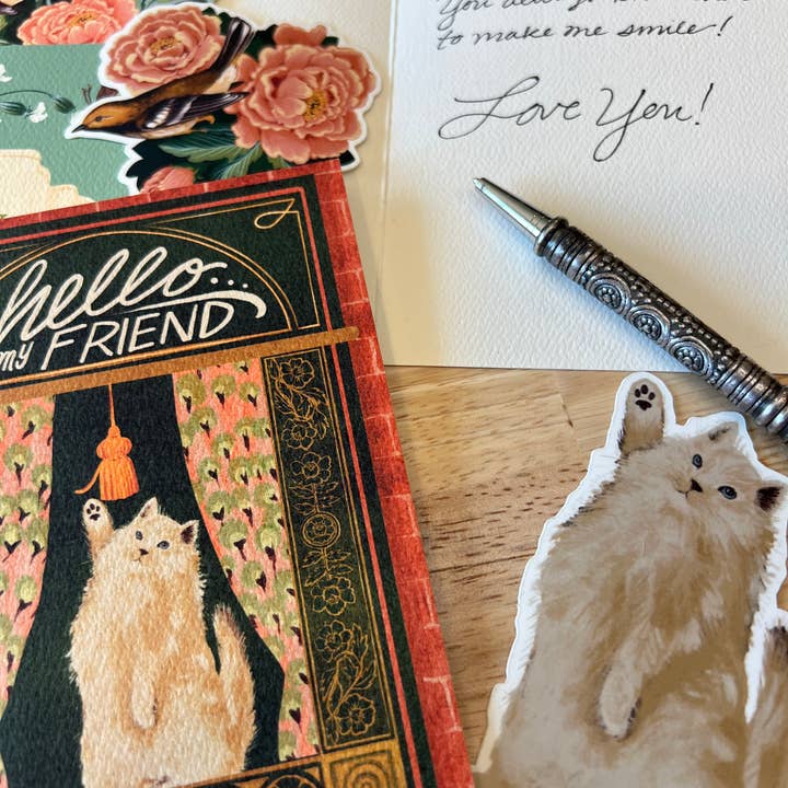 Folk Meadow - Wholesale Friendship Card - Hello Friendly Cat Greeting Card4