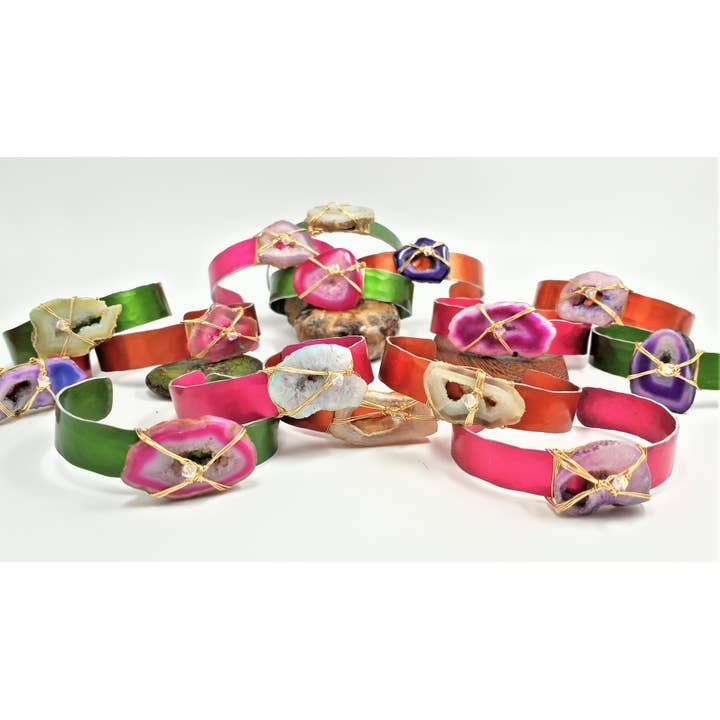 Geode Slice Colorful Cuff Bracelet Collection for wholesale by Distinctly Dwyer Gemstone Jewelry