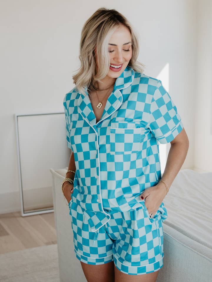 Teal Checker Wholesale Pajama Loungewear for wholesale on Faire