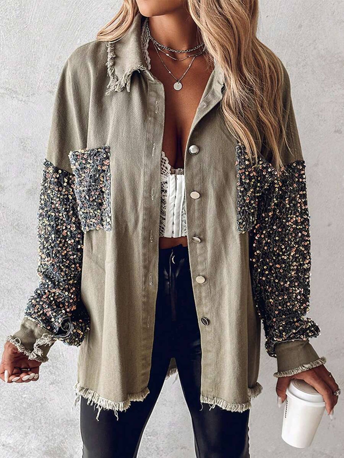 ElevateWell - Vente Veste en jean – femme - Veste en jean vintage à sequins à manches longues3