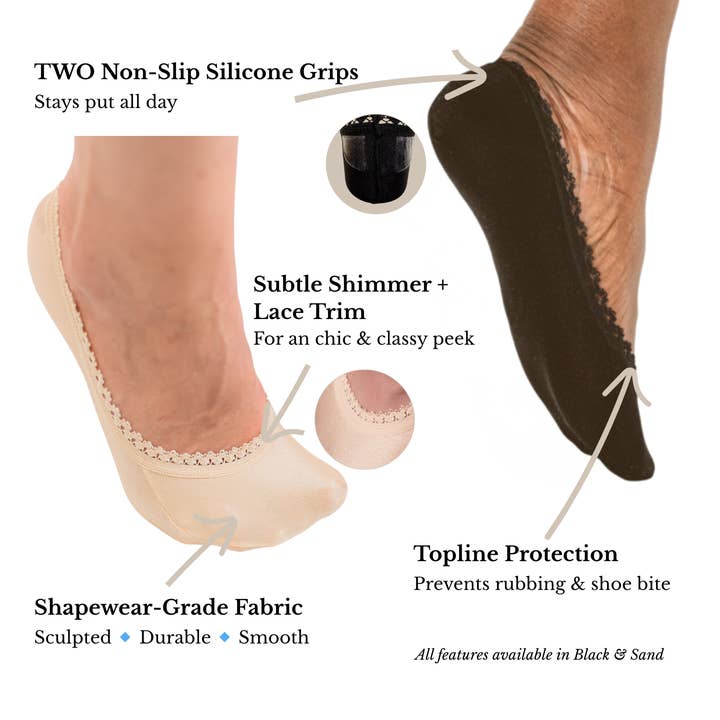 Arnacci - Wholesale Socks - Women's - No-Show Socks for Heels & Flats | Arnacci Topline Protection Shimmer-Stretch Footies1