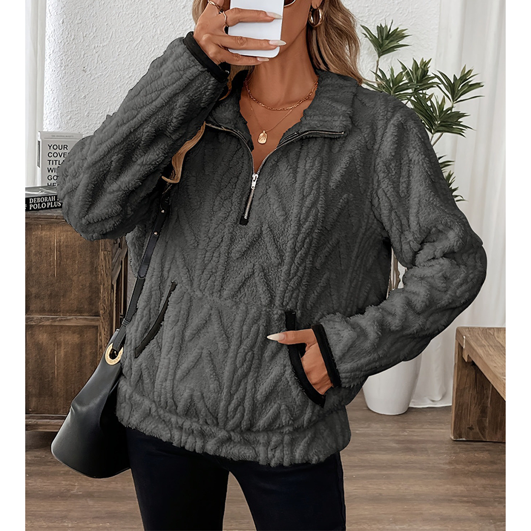 UNISHE - Wholesale Sweatshirt - Women's - Collared Jacquard Half-Zip Fleece Pocket Sweatshirt ZK37209