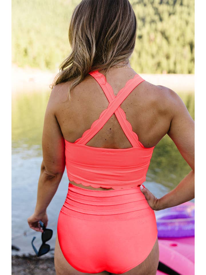 EG fashion - Wholesale Two Piece Swimsuit - Women's - Pink Scalloped Sleeveless High Waisted Two Piece Swimsuit1