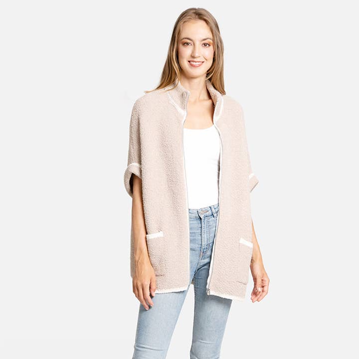 Fashion City - Wholesale Outerwear Poncho - Women's - Solid Zipper Jacket with Outlined Edges6