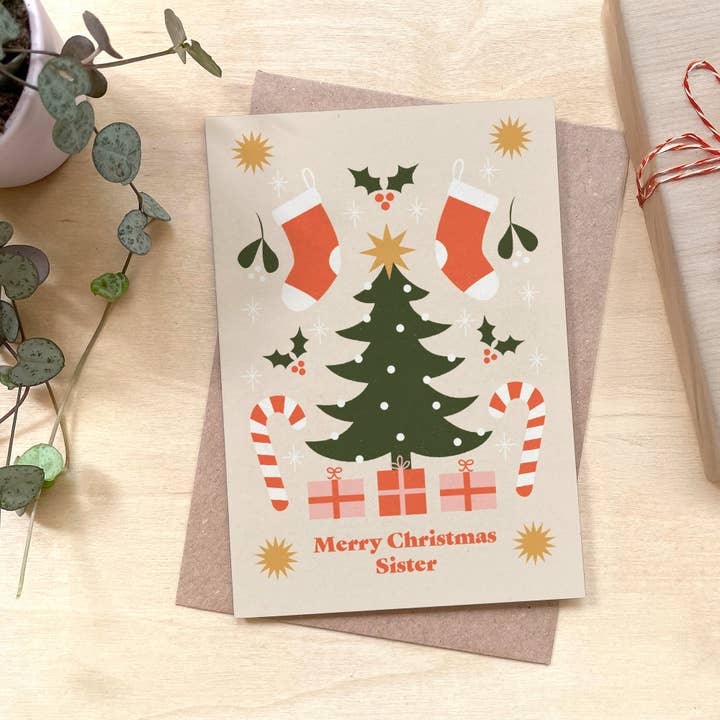 Merry Christmas Sister Recycled Coffee Cup Card for wholesale by Coffee Cup Cards
