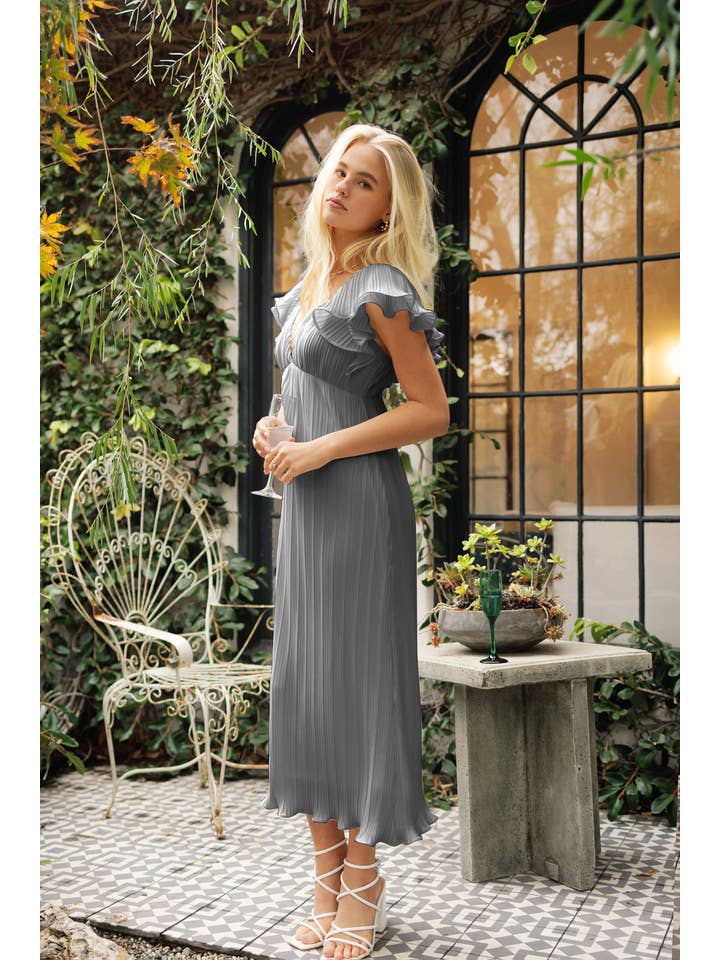 Endless Blu - Wholesale Dress - Women's - QD8731 V-Neck Pleated Midi Dress