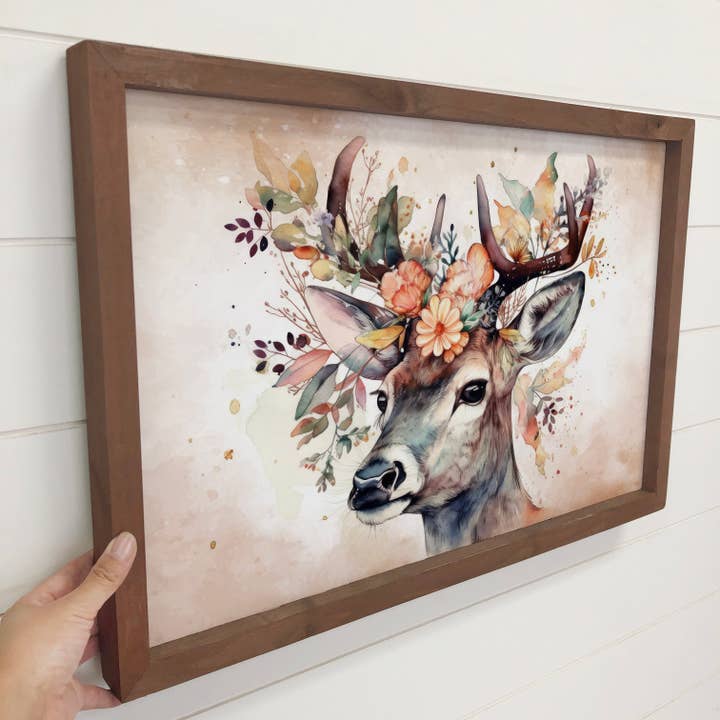 Hangout Home – Großhandel Malen/Zeichnen – Mit Blumen geschmücktes Hirsch — gerahmtes Tiergemälde — Hütte1