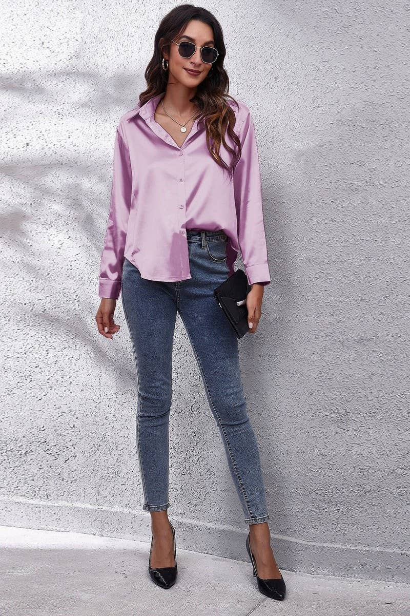 NINEXIS - Wholesale Button Down Shirt - Women's - CWTBLL0691_Button Down Silky Satin Long Sleeve Top54