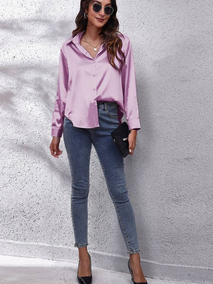 NINEXIS - Wholesale Button Down Shirt - Women's - CWTBLL0691_Button Down Silky Satin Long Sleeve Top54