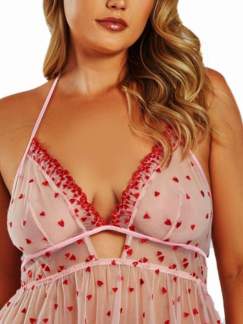 Vivian Plus Size Embroidered Hearts Babydoll Set for wholesale by iCollection
