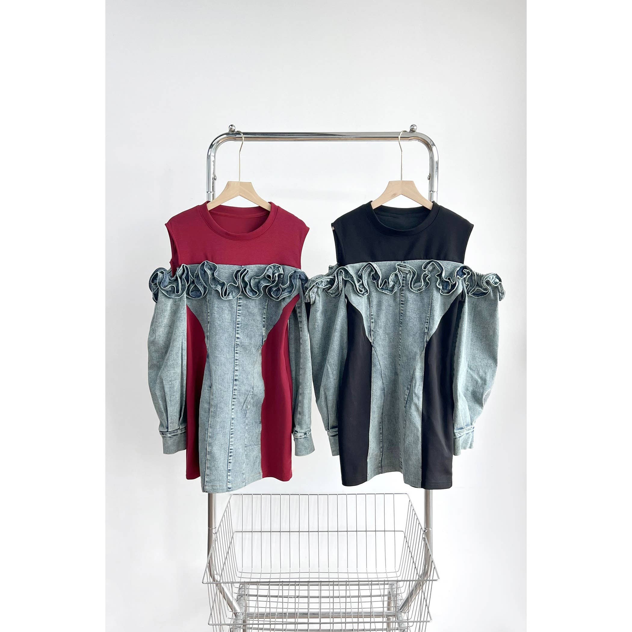 XHHH Inc - Wholesale Dress - Women's - Off the Shoulder Denim Contrast Dress0