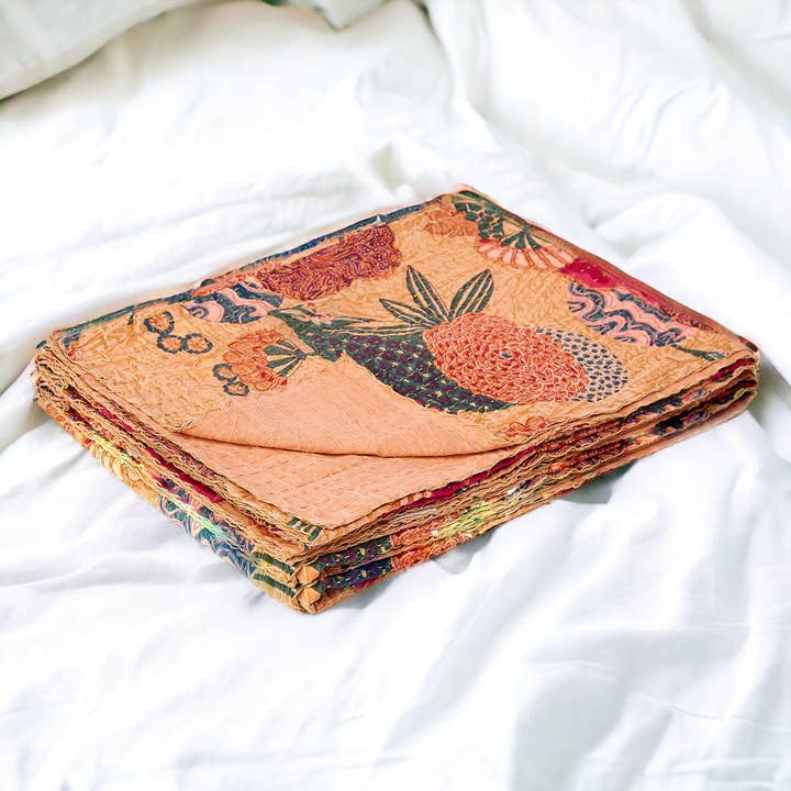 HomeRoots - Wholesale Throw Blanket - 50" X 70" Orange and Red Kantha Cotton Floral Throw Blanket
