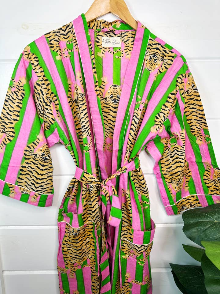 Folklore Couture - Wholesale Robe - Women's - Women's Cotton Robe | Tiger Print Kimono Cover-Up Duster