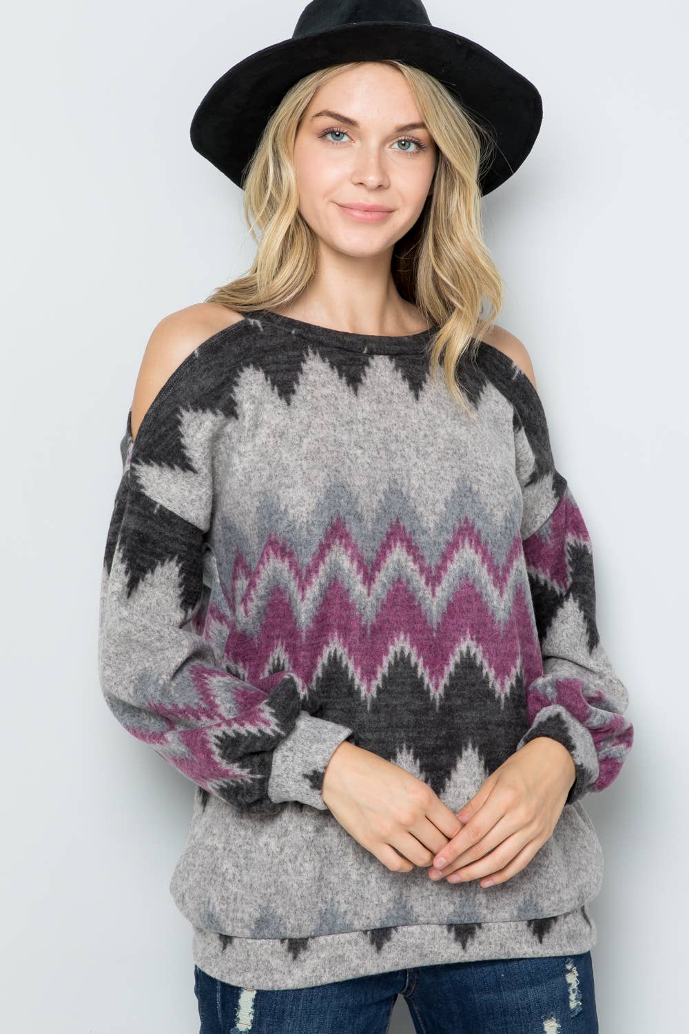 Charcoal Purple OPEN SHOULDER LONG SLEEVE TOP -CT43644E for wholesale on Faire14