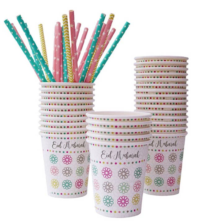 Paquete de 5 vasos de papel Eid Mubarak, vajilla para celebrar el Eid Party para venta al por mayor de Islamic Moments