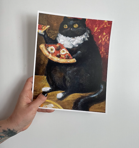 The Wolfshop - Vente Affiche d'art - Impression artistique - Chat à pizza à col blanc Renaissance Fancy Cat1