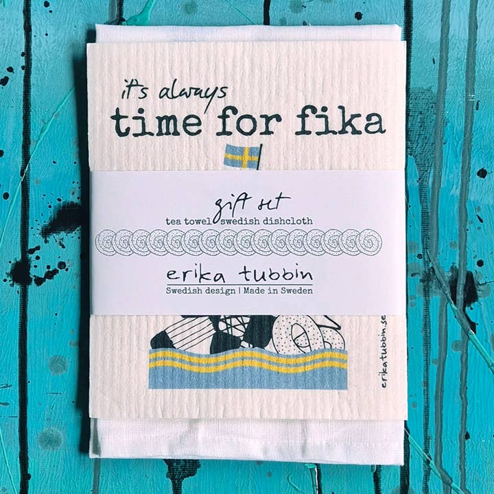 giftset ALWAYS FIKA tea towel + dishcloth for wholesale by erika tubbin