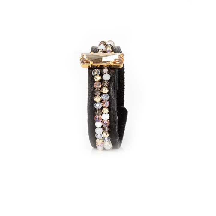 Black Leather Cuff with Champagne Crystal Bar and Vertical for wholesale by The Dark