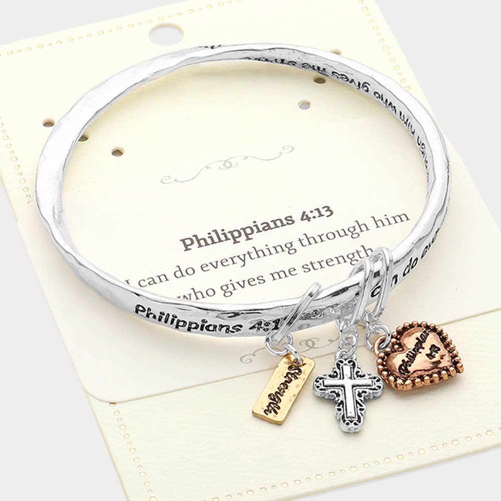 Sensibling Corp. - Wholesale Bangle Bracelet - Philippians 4:13 Religious Message Metal Bangle Bracelets
3