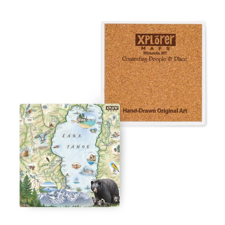 Lake Tahoe Map Single Ceramic Coaster for wholesale by XPLORER MAPS
