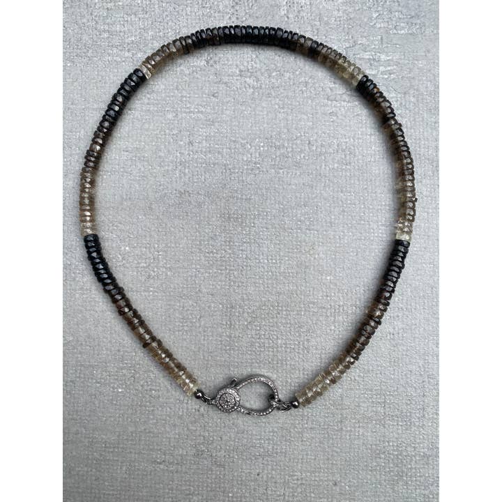 Smokey Quartz Faceted Ombré Beaded Necklace with Pave Diamond Clasp for wholesale by ILISSA MICHELE JEWELRY