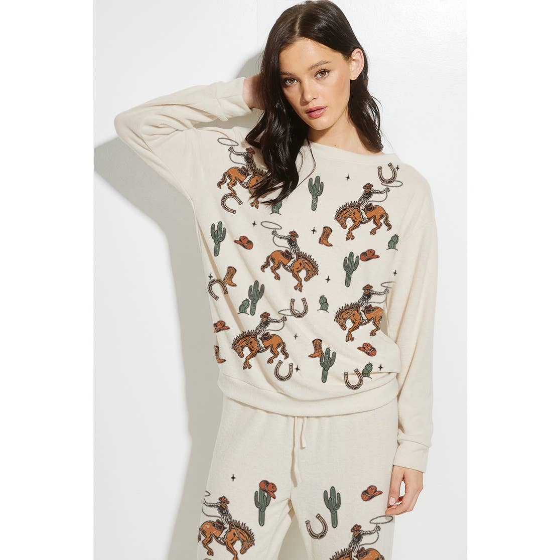 Phil Love - Wholesale Lounge Set - Women's - Cowgirl cactus print soft brushed loungewear set 14