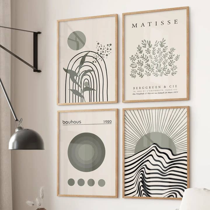 Arte de Pared Verde Salvia Moderno. Conjunto de 4 Impresiones Inspiradas en Bauhaus y Matisse. para venta al por mayor de PrintSets.com