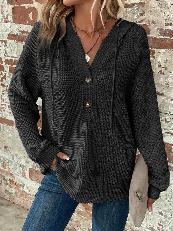 safistyle - Wholesale Hoodie - Women's - Women’s Waffle Knit V-Neck Hoodie Sweatshirt