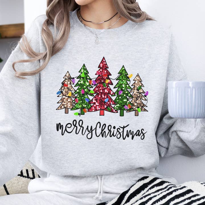 ATTA TOOD LLC - Wholesale Graphic Sweatshirt - Women's - Merry Christmas women's sweatshirt, Sparkling trees, Top