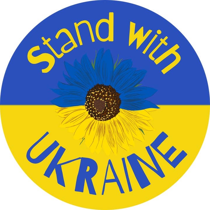 Stand with Ukraine Sunflower & Flag Sticker, Pres Zelensky for wholesale by Carla Chameleon Designs