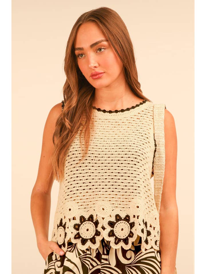 NATURAL NT12140-Floral Trim Detail Crochet Top for wholesale on Faire