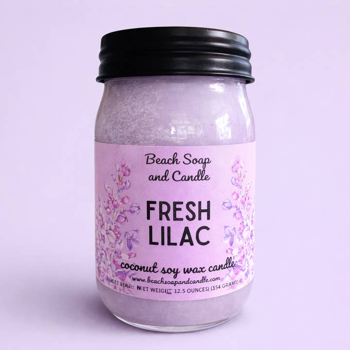 Fresh Lilac, Coconut-Soy Wax Mason Jar Candle for wholesale by Beach Soap and Candle