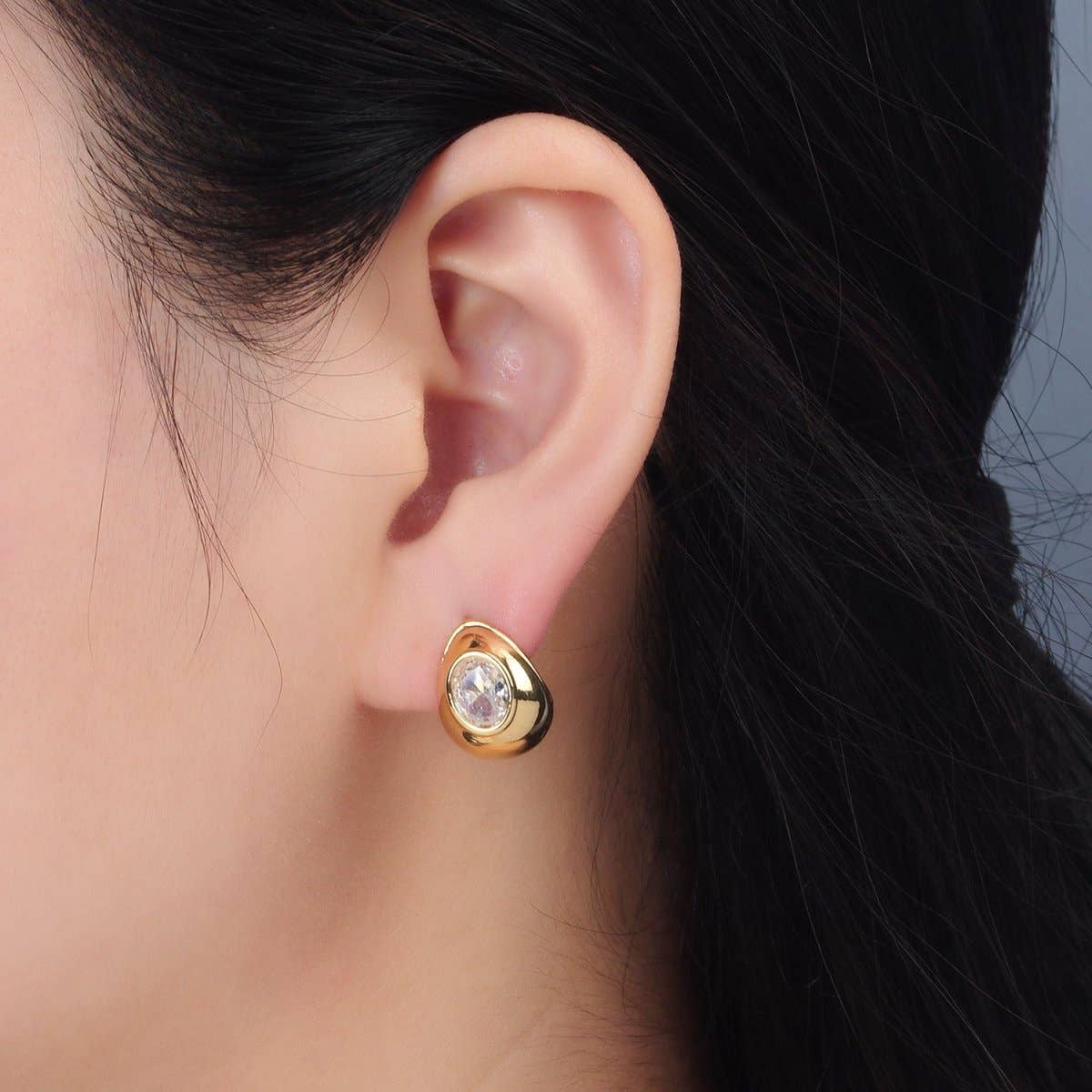 Aim Eternal – wholesale Hoop earrings – 24K Gold Filled 15mm CZ Dome J-Shaped Hoop Earrings | AD6291