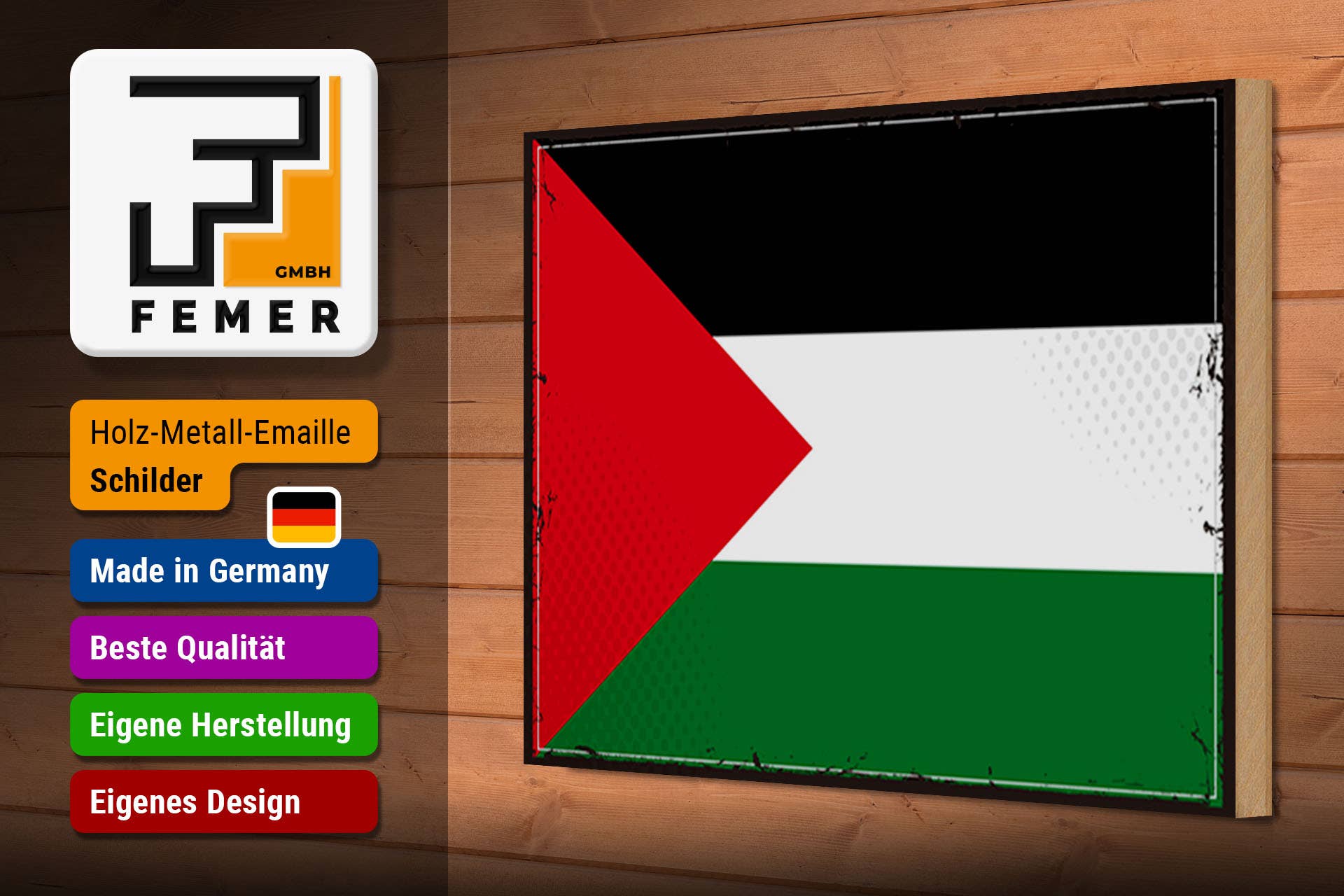 Femer - Vendita all'ingrosso Cartelli - Targa in legno con bandiera palestinese 30x20 cm stile retrò2