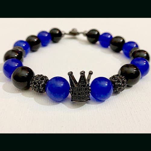 Everything That Glitters - Wholesale Beaded Bracelet - Black Onyx and Blue Jade Crown Bracelet