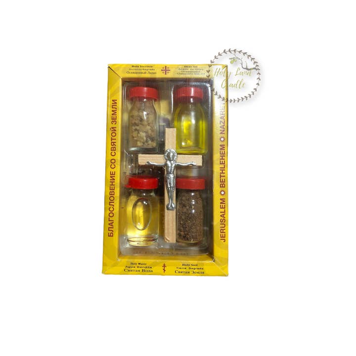 Holy Land Set of Olive Wood Cross, Holy Water, Oil, Earth, Frankincense for wholesale by Holy Land Cradle