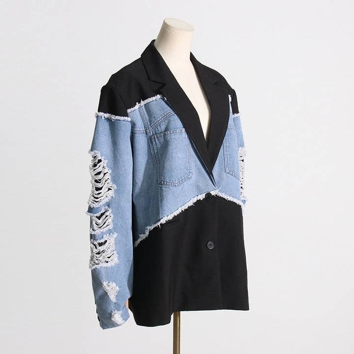 BLACK Relaxed Distressed Denim Patchwork Suit Jacket for wholesale on Faire2