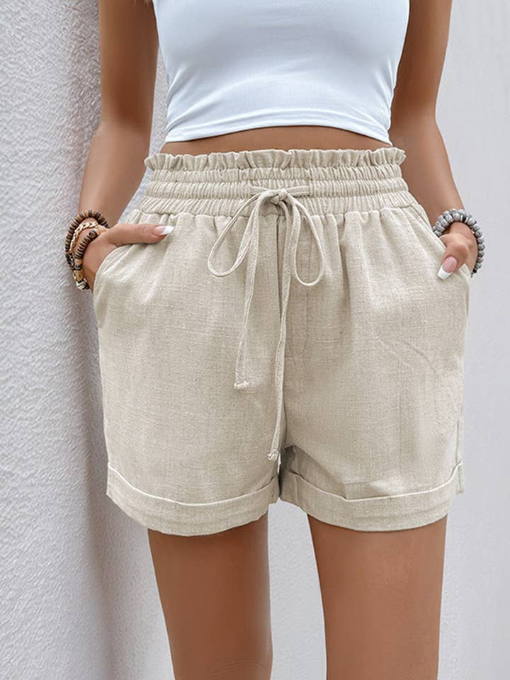 KHAKI CWBSP0509_HIGH-WAIST ELASTIC CASUAL LINEN SHORTS for wholesale on Faire