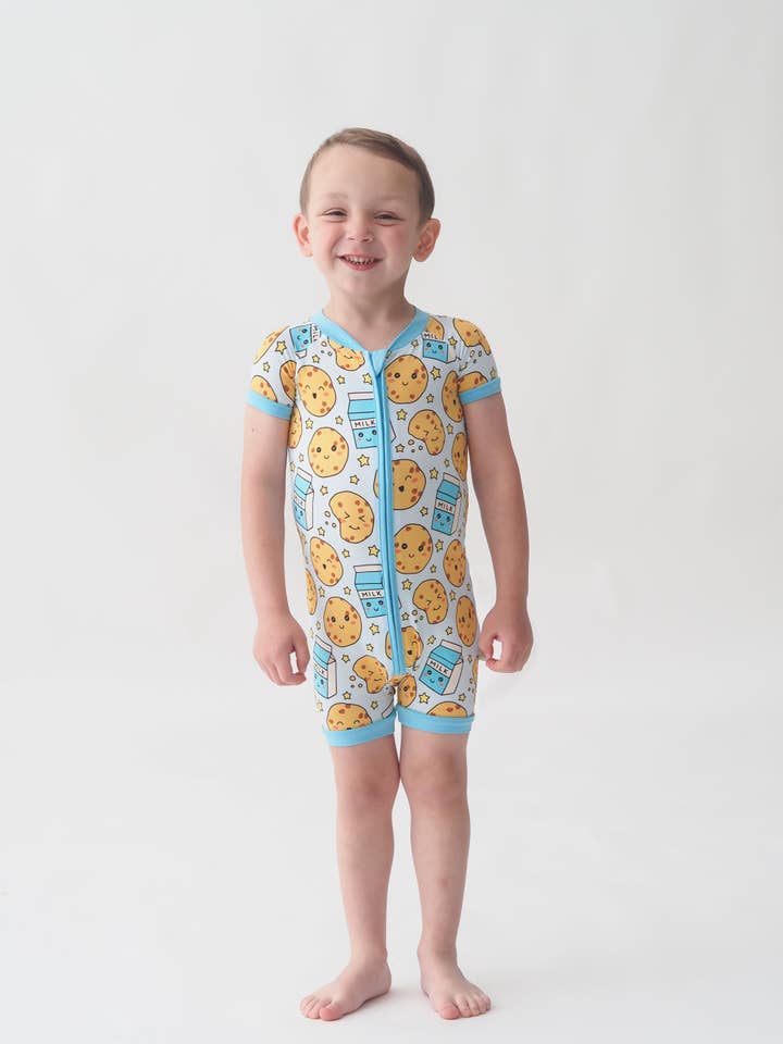Toast + Jams - Wholesale Jumpsuit - Baby - Blue Milk and Cookie Shorty Romper