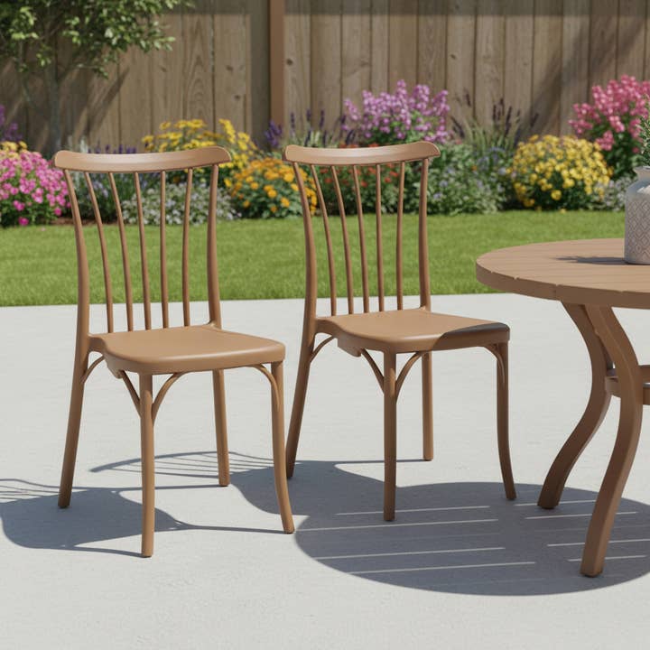 HomeRoots - Wholesale Chair - Set of Two Tan and Natural Heavy Duty Plastic Slat Back Dining Side Chairs1