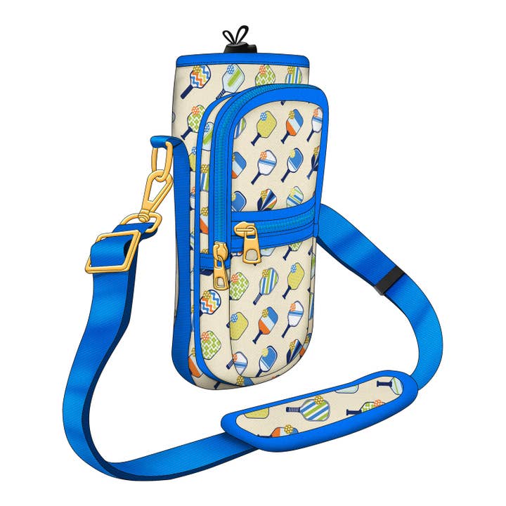Sporty Pickleball-Themed Bottle Carrier with Blue Adjustable Strap for wholesale by OEELINN