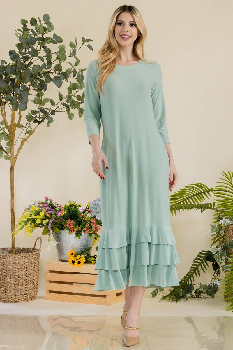 Celeste Clothing – Großhandel Kleid – Damen – Großgrößen-Midikleid mit gestuften Rüschen und 3/4-Ärmeln17