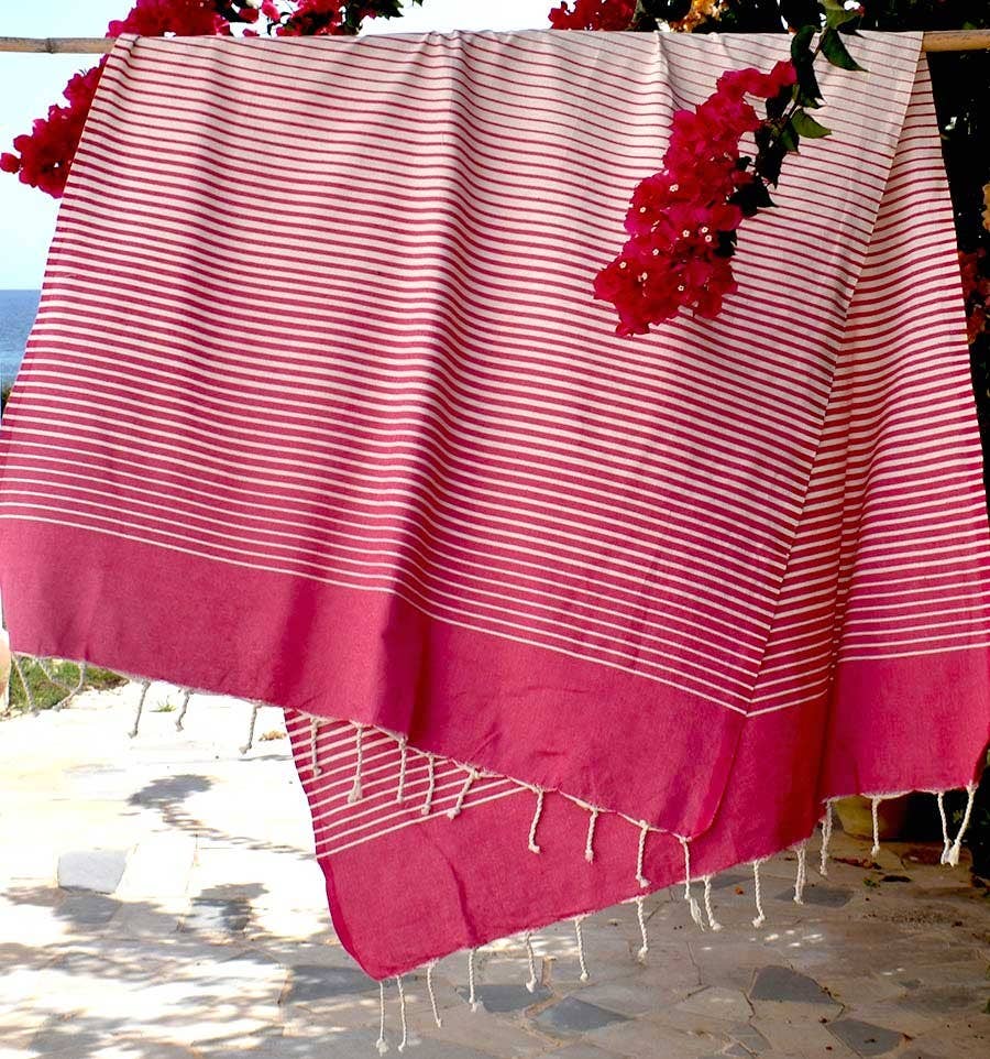 Fouta Tunisia - Wholesale Bath Towel - Fuchsia pink Portofino fouta with stripes1